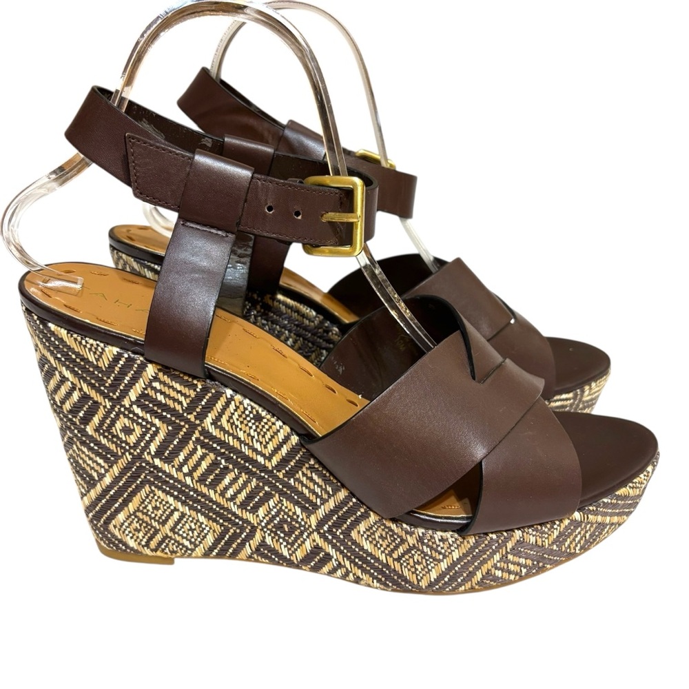 Tahari platform wedges Stevie leather strappy geometric woven sandal size 10 - Picture 2 of 11